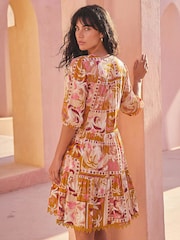 Roman Orange Patchwork Smock V-Neck Dress - Image 4 of 5