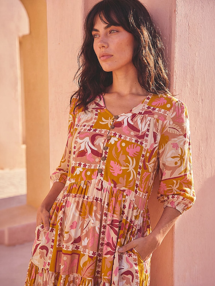Roman Orange Patchwork Smock V-Neck Dress - Image 5 of 5