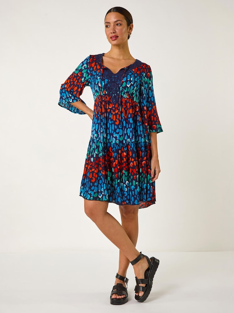 Roman Abstract Spot Print Lace Trim Dress - 圖片 1，共 5
