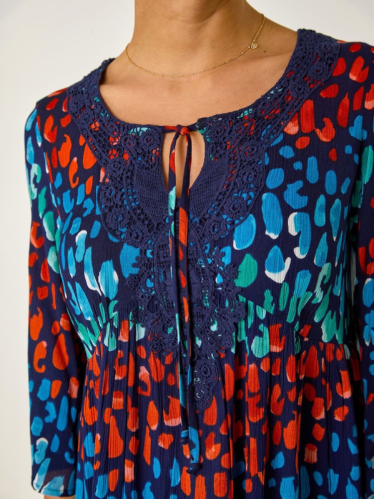 Roman Abstract Spot Print Lace Trim Dress - 圖片 5，共 5