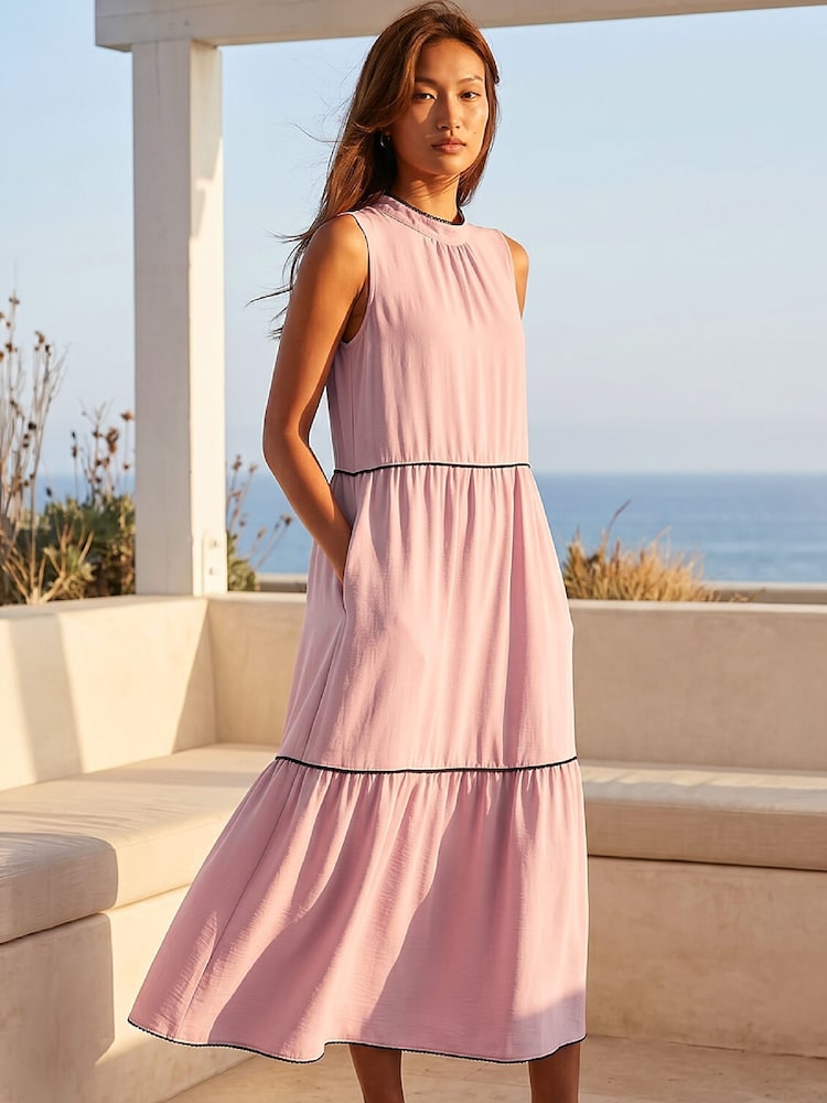 Roman Pink Tiered Swing Midi Dress - Image 1 of 4