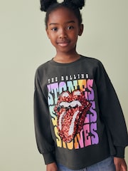 Charcoal Grey Sequin Rainbow Rolling Stones 100% Cotton Long Sleeve T-Shirt (3-16yrs) - Image 1 of 6