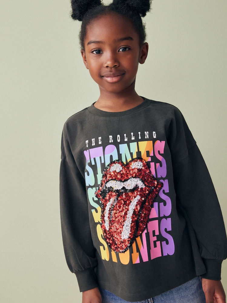 Charcoal Grey Sequin Rainbow Rolling Stones 100% Cotton Long Sleeve T-Shirt (3-16yrs) - Image 1 of 6