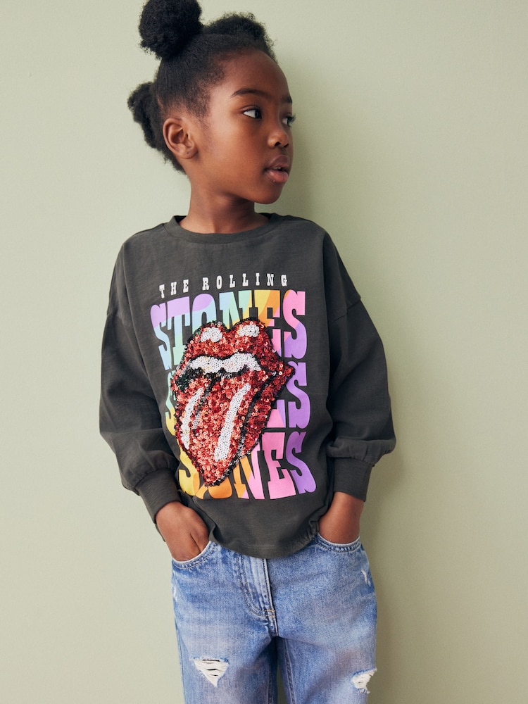 Charcoal Grey Sequin Rainbow Rolling Stones 100% Cotton Long Sleeve T-Shirt (3-16yrs) - Image 2 of 6