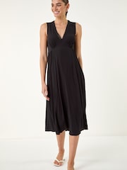 Roman Black Lace Trim V-Neck Midi Dress - Image 1 of 4
