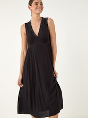 Roman Black Lace Trim V-Neck Midi Dress - Image 2 of 4