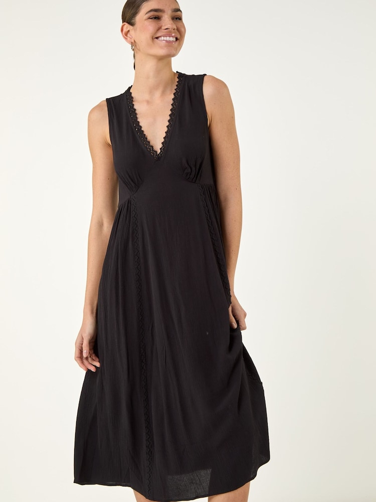 Roman Black Lace Trim V-Neck Midi Dress - Image 2 of 4 Roman Black Lace Trim V-Neck Midi Dress - Image 2 of 4