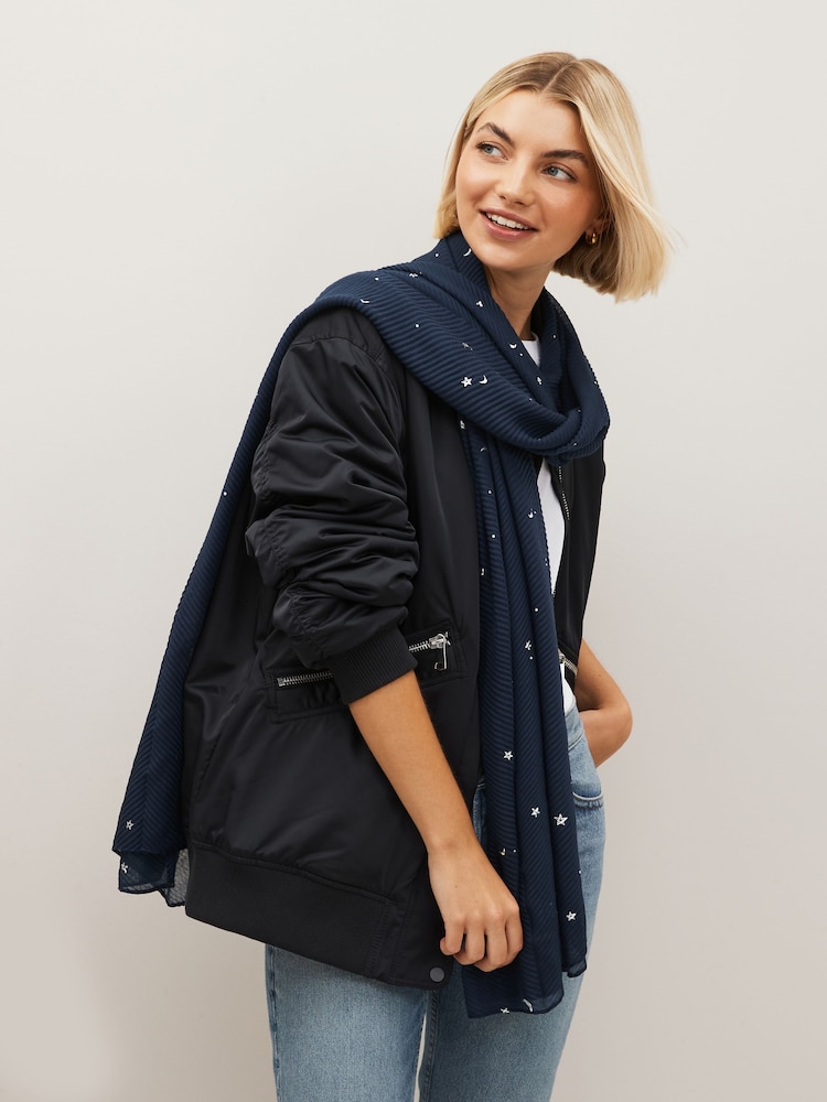 Navy Foil Moon and Star Plisse Midweight Scarf - Image 1 of 6