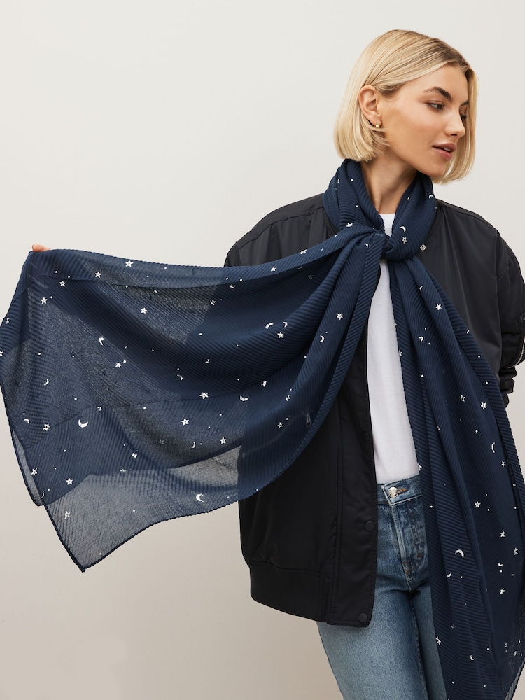 Navy Foil Moon and Star Plisse Midweight Scarf - Image 2 of 6