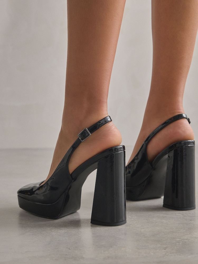 Black Patent Forever Comfort® Square Toe Platform Slingback Heel Shoes - Image 3 of 4