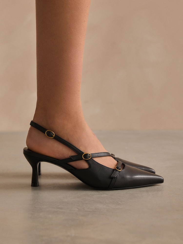 Black Forever Comfort® Leather Multi Buckle Slingback Heels - Image 4 of 10