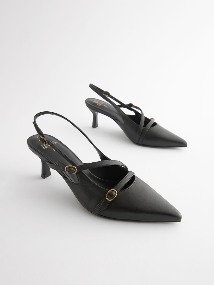 Black Forever Comfort® Leather Multi Buckle Slingback Heels - Image 6 of 10
