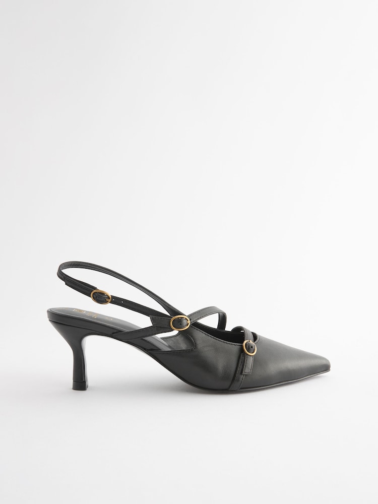 Black Forever Comfort® Leather Multi Buckle Slingback Heels - Image 7 of 10