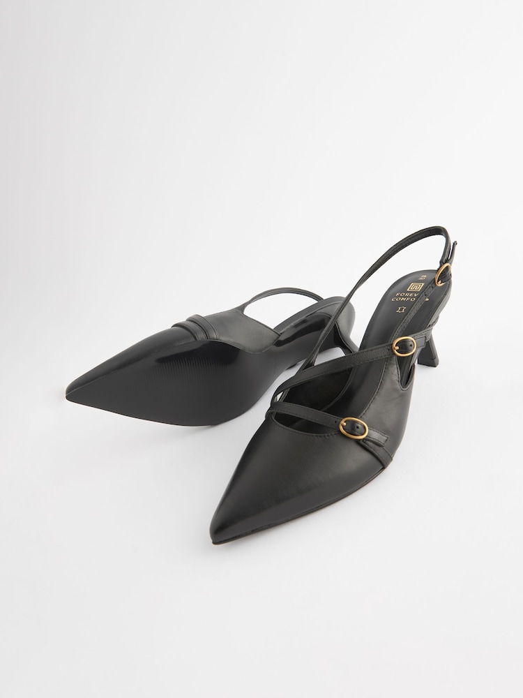 Black Forever Comfort® Leather Multi Buckle Slingback Heels - Image 8 of 10