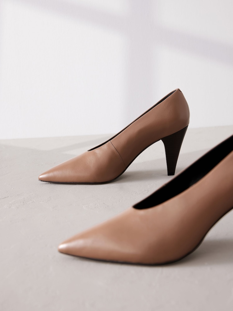 Taupe Brown Signature Leather Cone Heel Court Shoes - Image 4 of 6