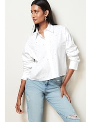 White Sparkle Long Sleeve Cotton Cropped Shirt - Image 2 of 3