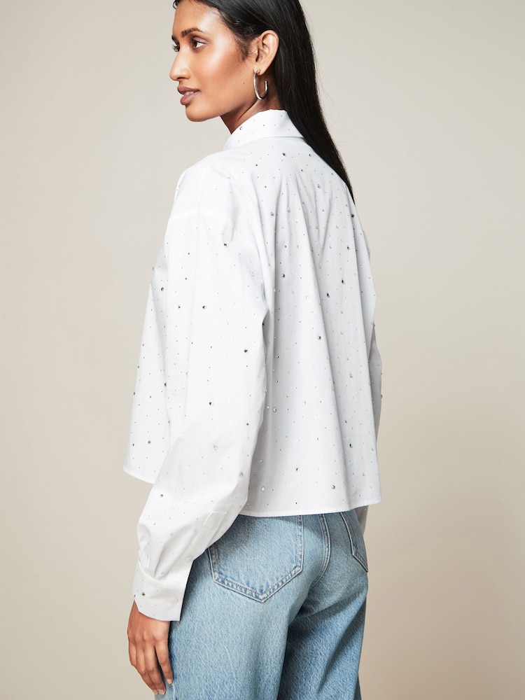 White Sparkle Long Sleeve Cotton Cropped Shirt - Image 3 of 3