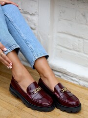 Linzi Red Remy Loafers with Fringe Detail And Gold Chain - Image 1 of 5