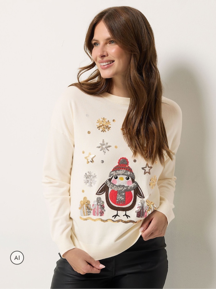 M&Co Cream Robin Christmas Embellished Jumper - Image 1 of 6