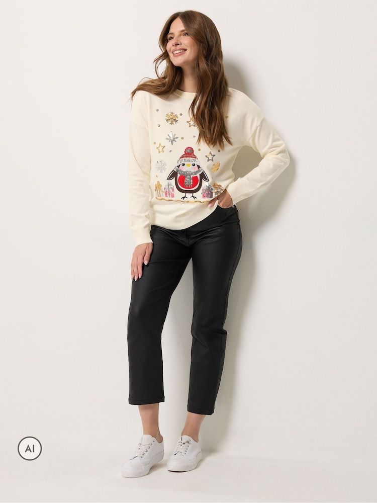 M&Co Cream Robin Christmas Embellished Jumper - Image 2 of 6
