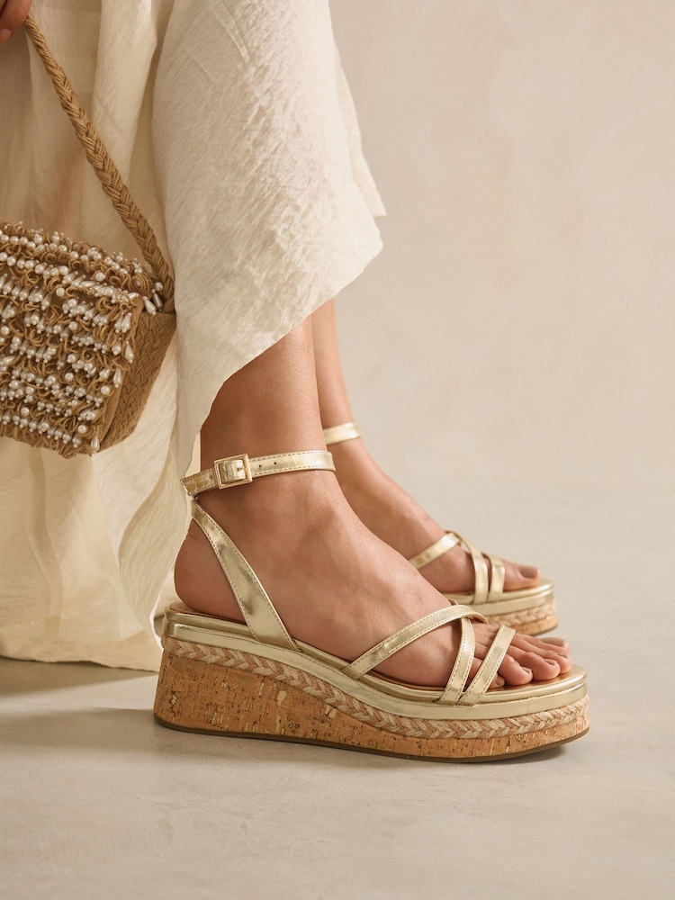 Gold Forever Comfort Strappy Cork Wedge Heels - Image 3 of 9