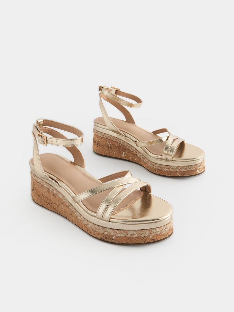 Gold Forever Comfort Strappy Cork Wedge Heels - Image 5 of 9