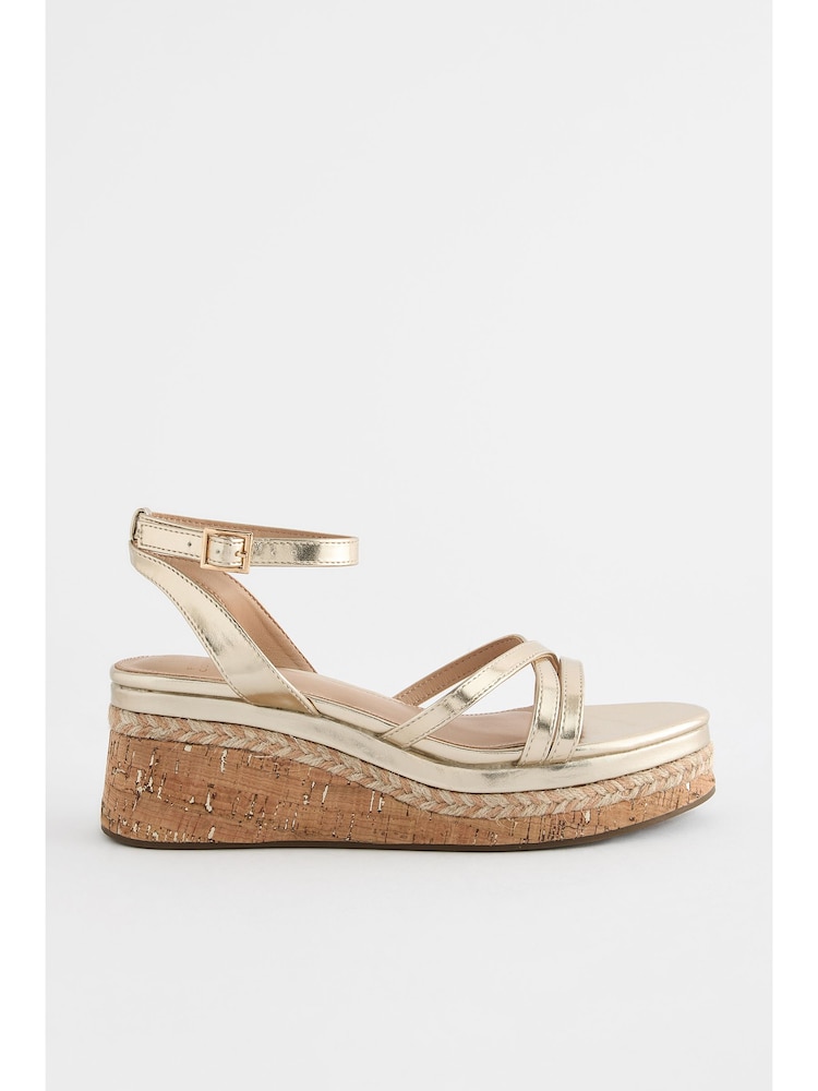 Gold Forever Comfort Strappy Cork Wedge Heels - Image 6 of 9