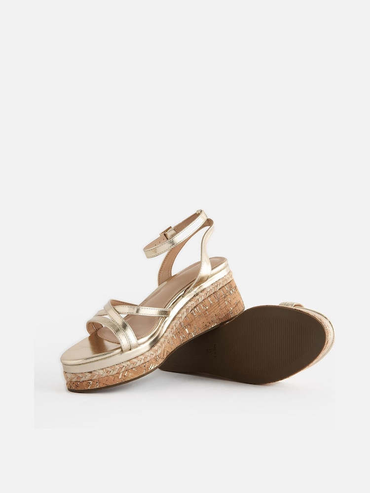 Gold Forever Comfort Strappy Cork Wedge Heels - Image 7 of 9
