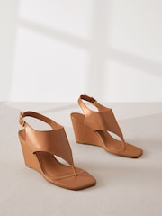 Tan Brown Signature Leather Toe Post Wedges - Image 6 of 10