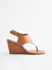 Tan Brown Signature Leather Toe Post Wedges - Image 8 of 10