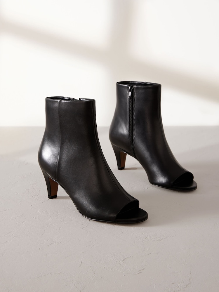 Black Signature Leather Peep Toe Shoe Boots - Image 1 of 6