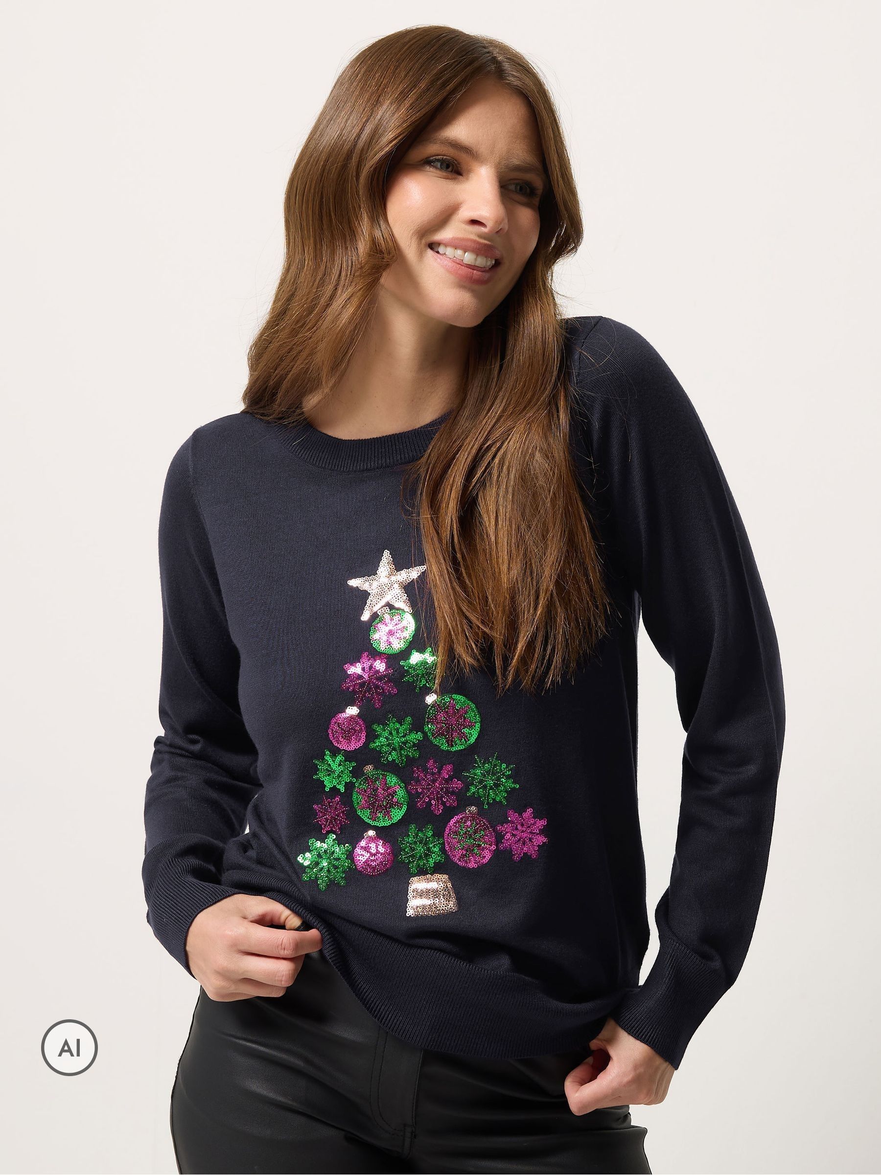 M & Co Women's Blue Bauble Christmas Tree Embellished Jumper