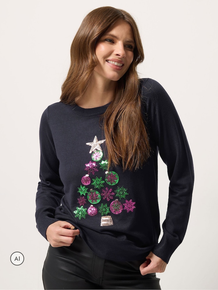 M&Co Blue Bauble Christmas Tree Embellished Jumper - Image 1 of 6 M&Co Blue Bauble Christmas Tree Embellished Jumper - Image 1 of 6