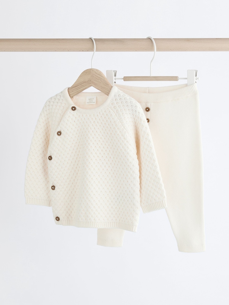 White Knitted Baby 100% Cotton Jumper and Leggings Set (0mths-2yrs) - Image 1 of 9