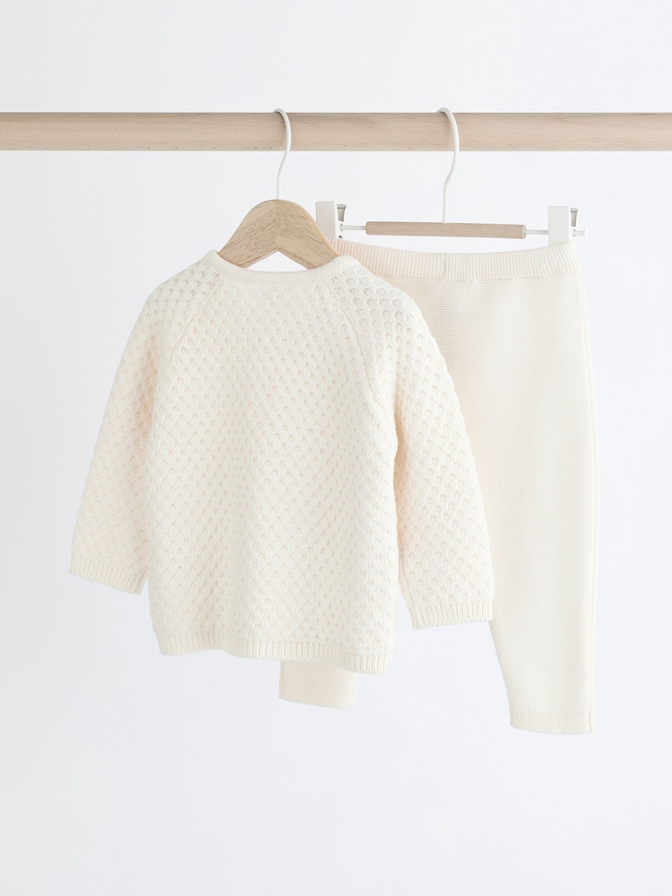 White Knitted Baby 100% Cotton Jumper and Leggings Set (0mths-2yrs) - Image 2 of 9