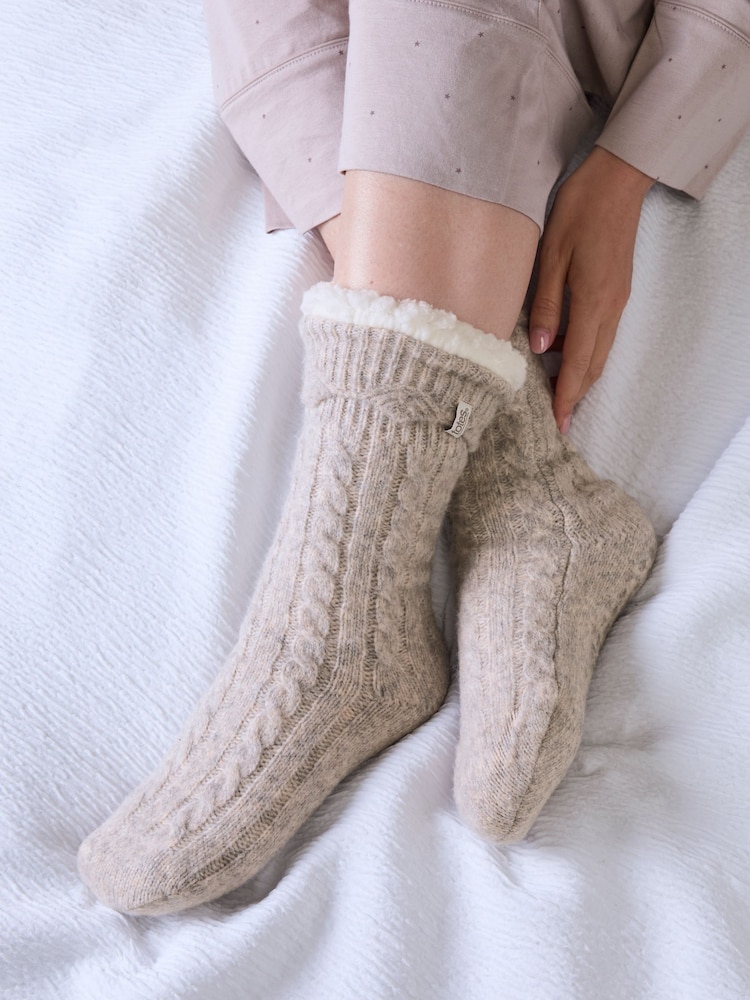 Totes Natural Cable Knit Slipper Socks with Sherpa Lining - Image 1 of 5 Totes Natural Cable Knit Slipper Socks with Sherpa Lining - Image 1 of 5
