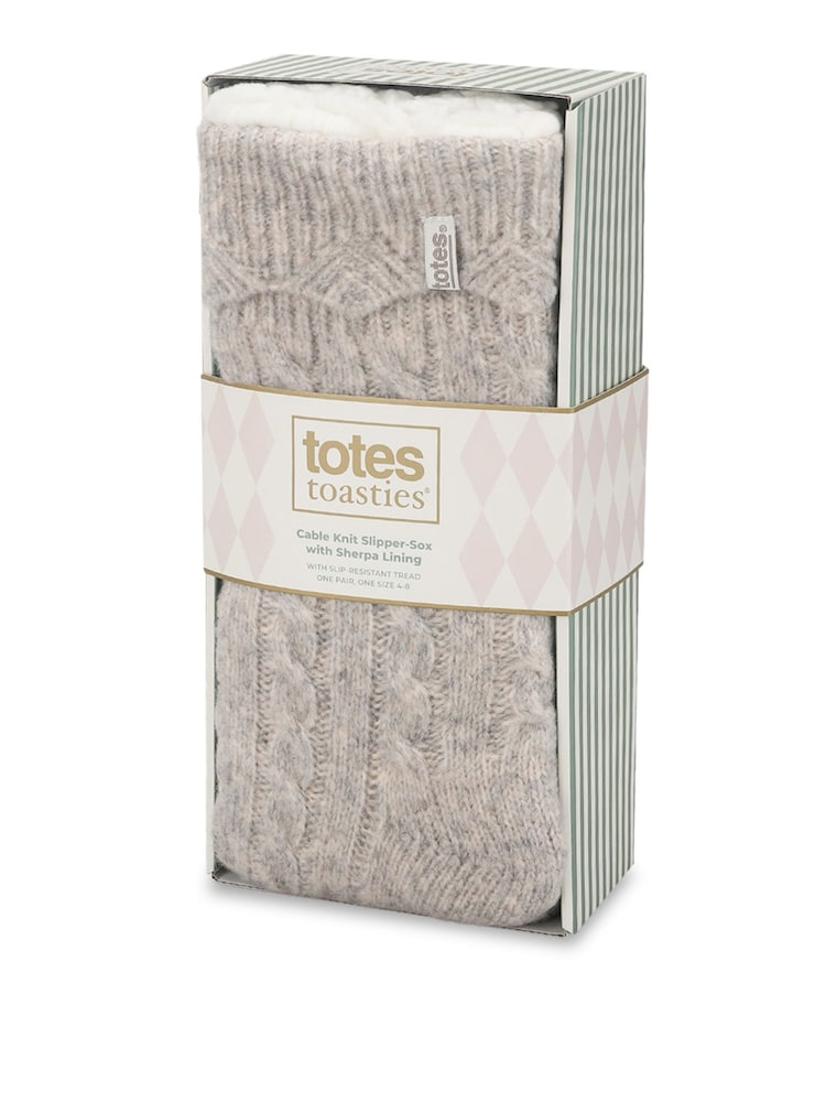Totes Natural Cable Knit Slipper Socks with Sherpa Lining - Image 2 of 5 Totes Natural Cable Knit Slipper Socks with Sherpa Lining - Image 2 of 5