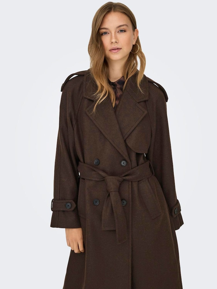 ONLY Brown Trench Style Belted Long Coat - Image 2 of 7 ONLY Brown Trench Style Belted Long Coat - Image 2 of 7