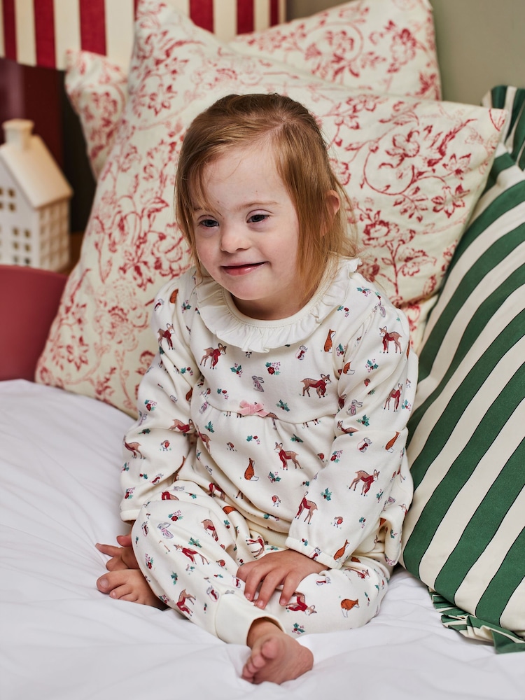 JoJo Maman Bébé Cream Girls' Pretty Woodland Jersey Pyjamas - Image 1 of 8