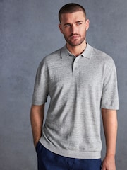 Grey Linen Blend Knitted Polo Shirt - Image 1 of 7