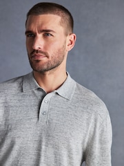 Grey Linen Blend Knitted Polo Shirt - Image 4 of 7