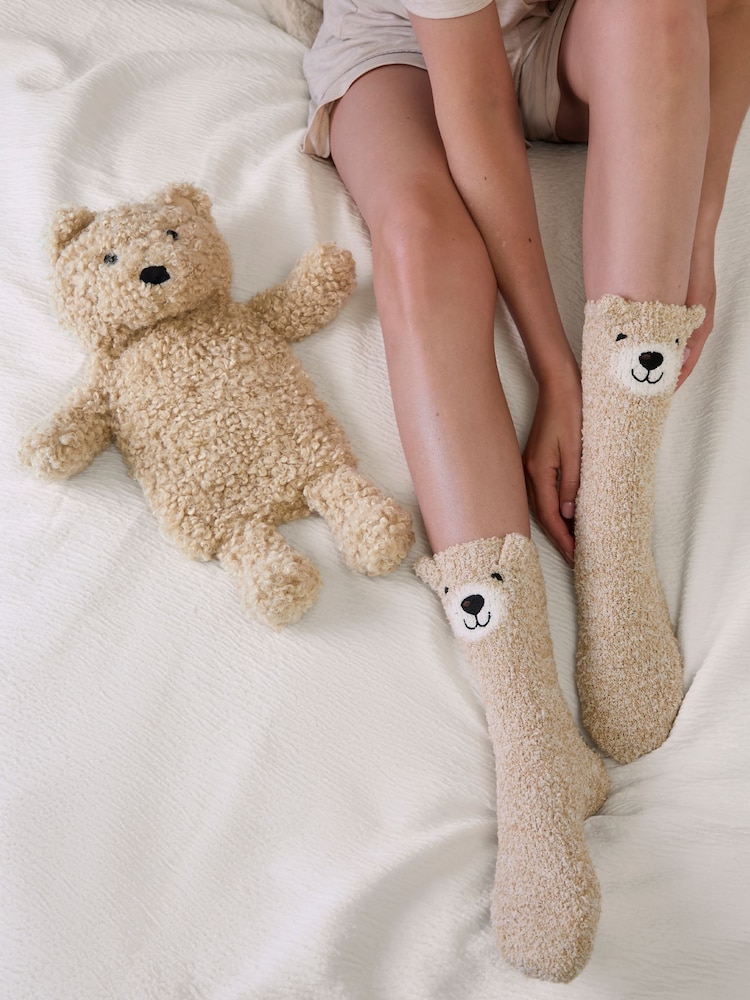 Totes Natural Bear Mini Hot Water Bottle & Super Soft Socks Set - Image 2 of 5 Totes Natural Bear Mini Hot Water Bottle & Super Soft Socks Set - Image 2 of 5