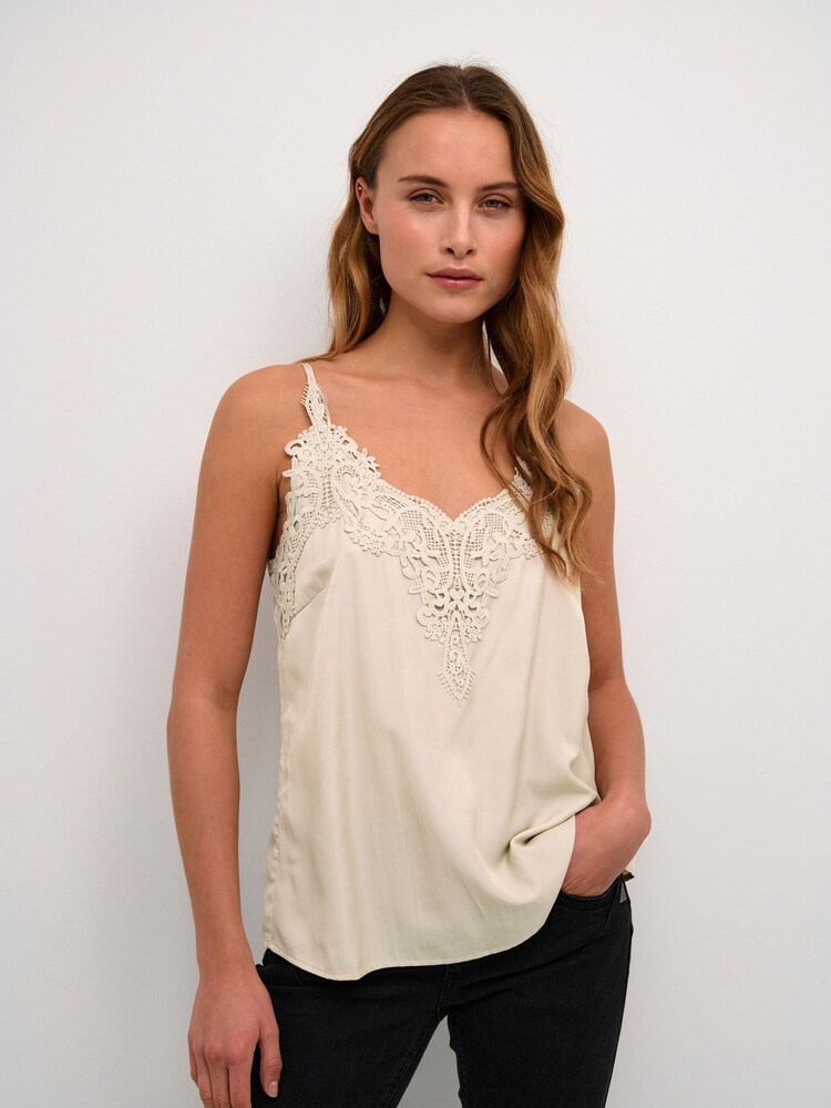 Cream Anna Singlet Thin Strap Brown Top with Lace - Image 1 of 6 Cream Anna Singlet Thin Strap Brown Top with Lace - Image 1 of 6