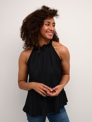 Cream Bellah Halterneck Flower Applique Black Top - Image 1 of 6