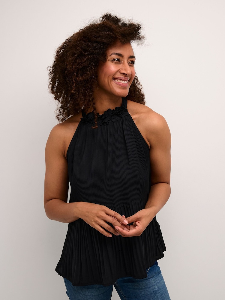 Cream Bellah Halterneck Flower Applique Black Top - Image 1 of 6