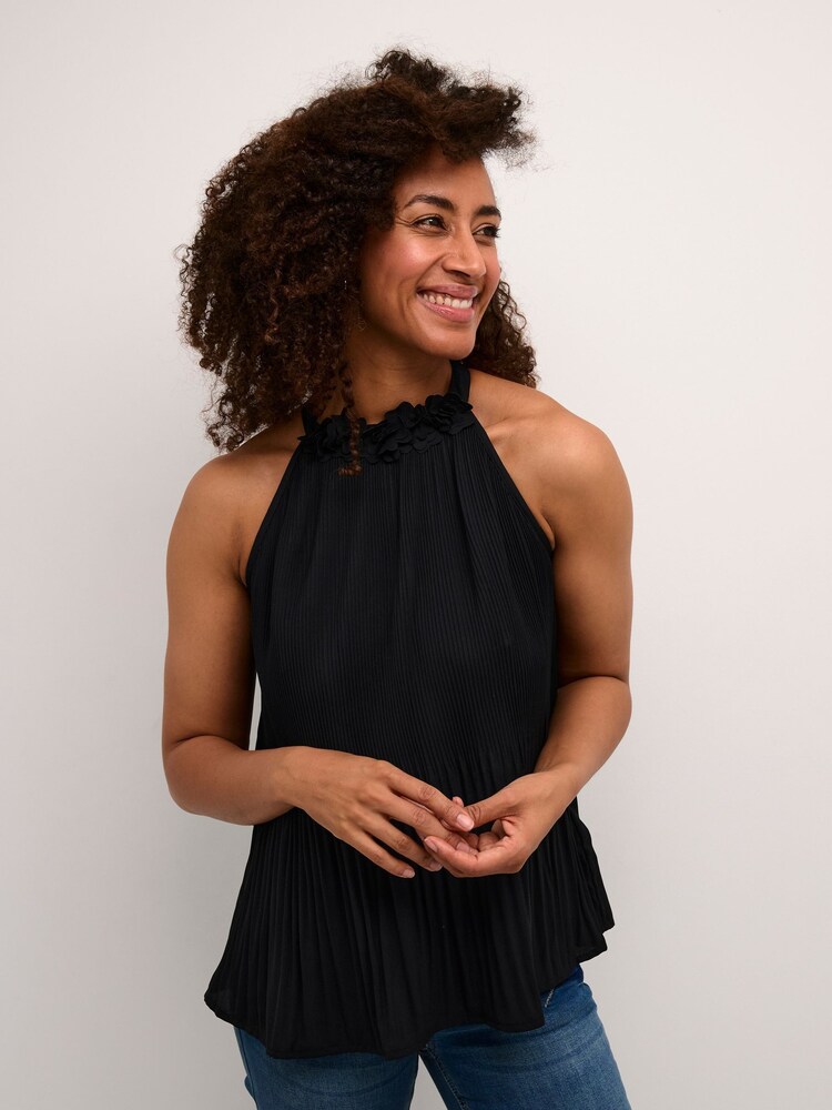 Cream Bellah Halterneck Flower Applique Black Top - Image 1 of 6 Cream Bellah Halterneck Flower Applique Black Top - Image 1 of 6