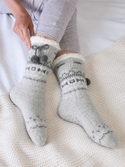 Totes Grey Fair Isle Knit Slipper Socks with Sherpa Lining - Image 1 of 5