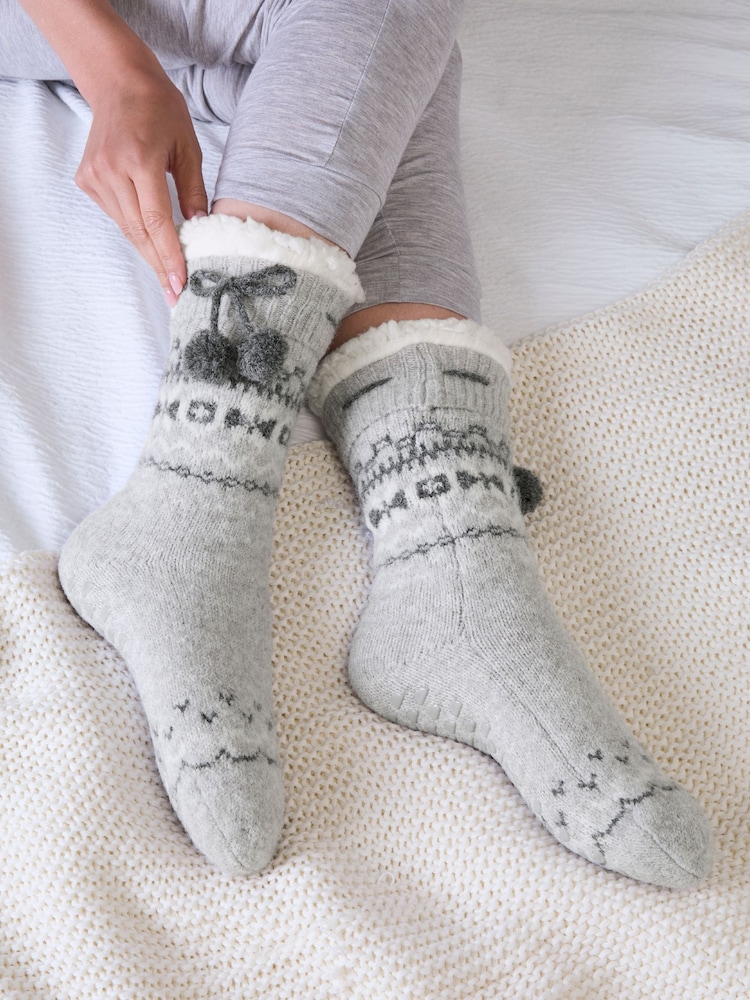 Totes Grey Fair Isle Knit Slipper Socks with Sherpa Lining - Image 1 of 5