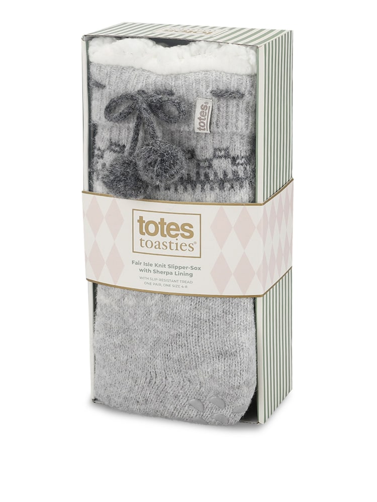 Totes Grey Fair Isle Knit Slipper Socks with Sherpa Lining - Image 2 of 5