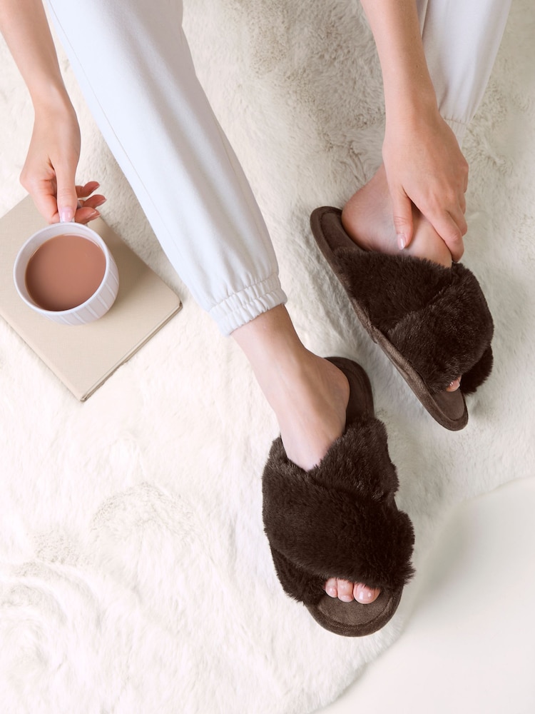 Totes Brown Crossover Faux Fur Slider Slippers - Image 1 of 5 Totes Brown Crossover Faux Fur Slider Slippers - Image 1 of 5
